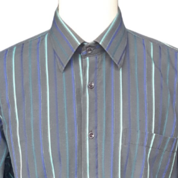 Sergio Louis Italy SZ M Black, Indigo & Teal Striped Men's Button Up Shirt - Picture 8 of 14
